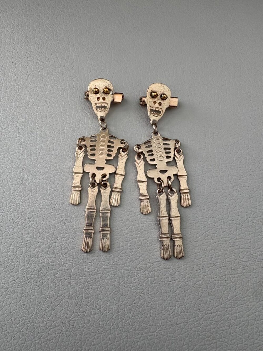 Pair of Vintage Articulated Skeleton Brooches Pins Marked Hong Kong